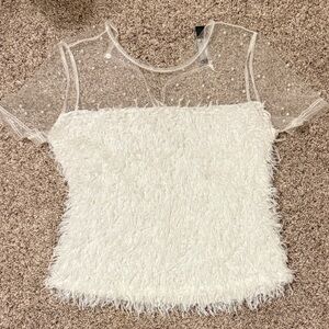 New York & Company White Textured Sheer Blouse